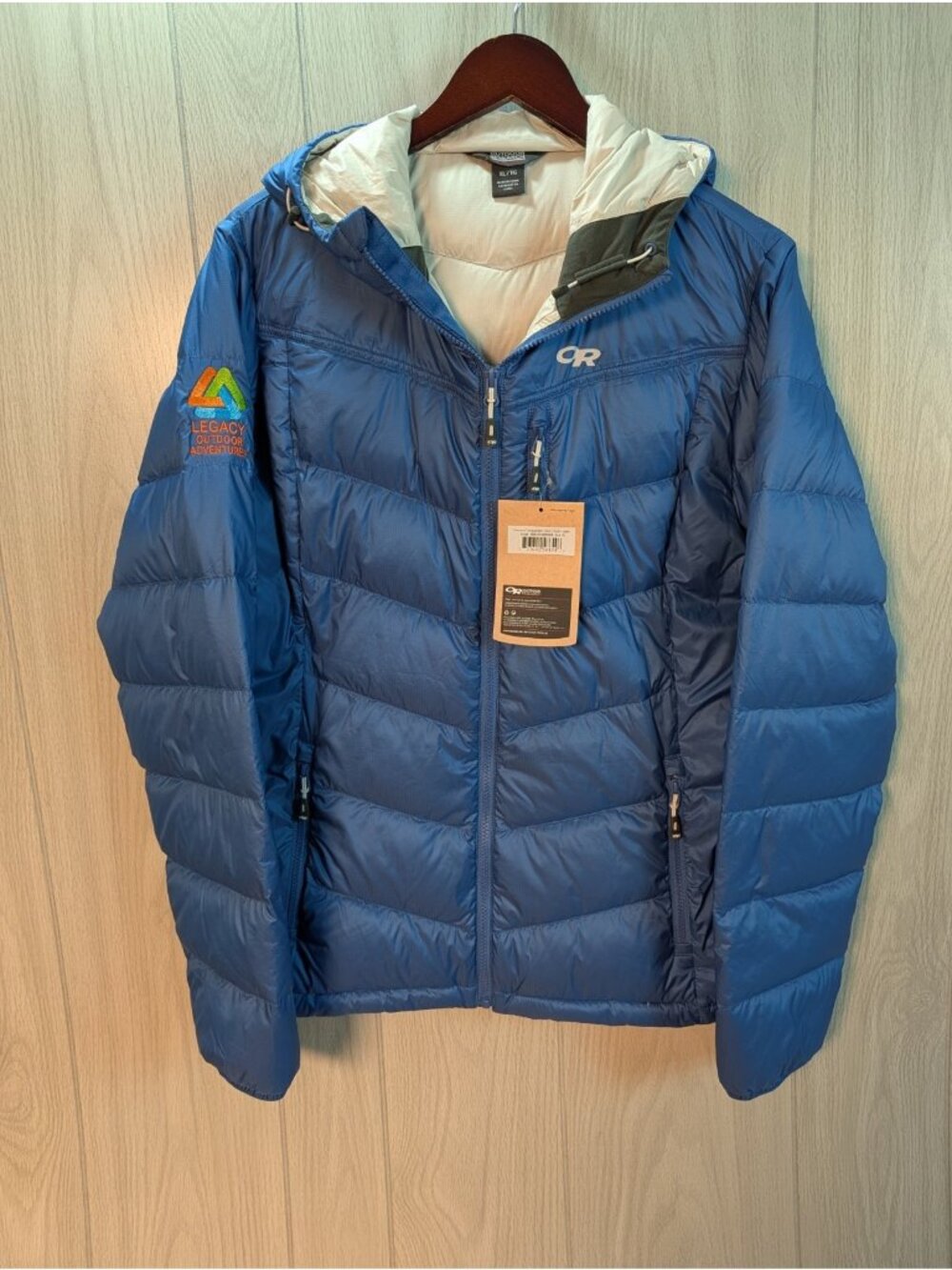 Outdoor Research Transcendent Down Jacket Womens XL Blue Puffer Embroidered